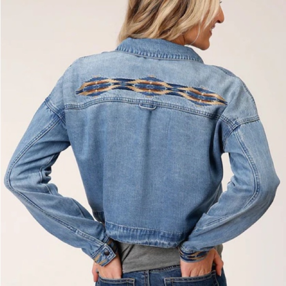 Stetson Embroidered Cropped Snap Front Self Tie Waist Denim Jacket Size XS NWT